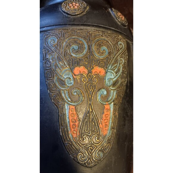 Antique Japanese Tokoname Dragon Vase Hand Painted Pottery Bronze Over Black 12" - Picture 3 of 5